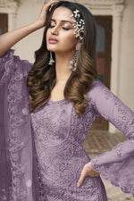 Load image into Gallery viewer, Lavender Color Net Fabric Palazzo Suit With Coveted Embroidered Work
