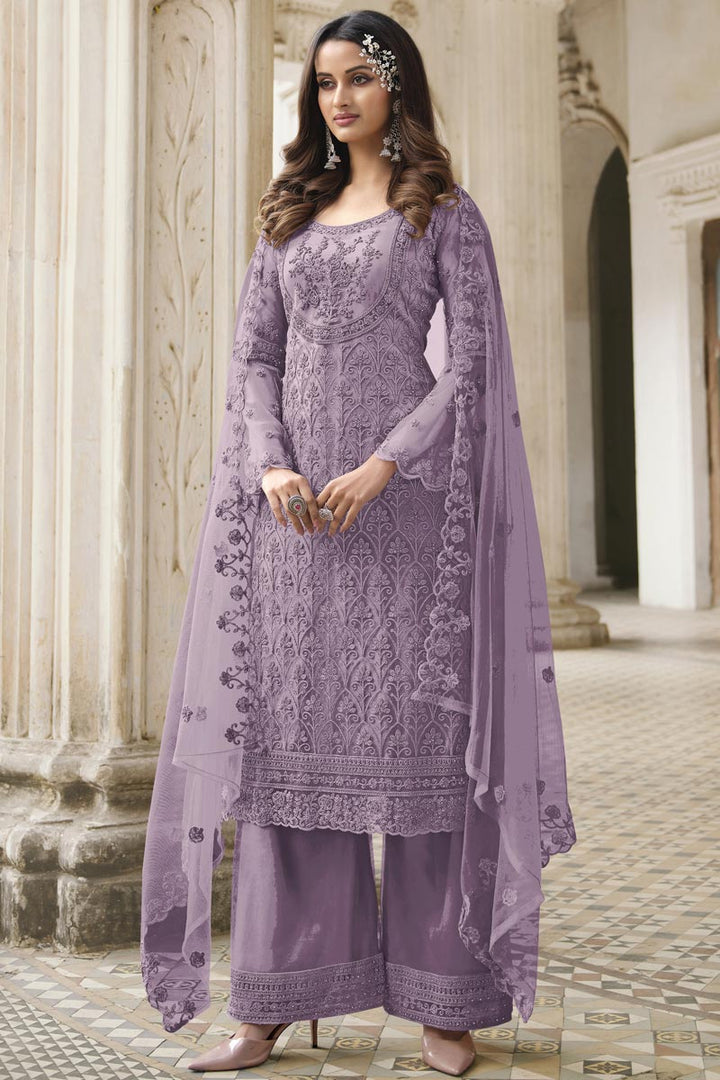Lavender Color Net Fabric Palazzo Suit With Coveted Embroidered Work