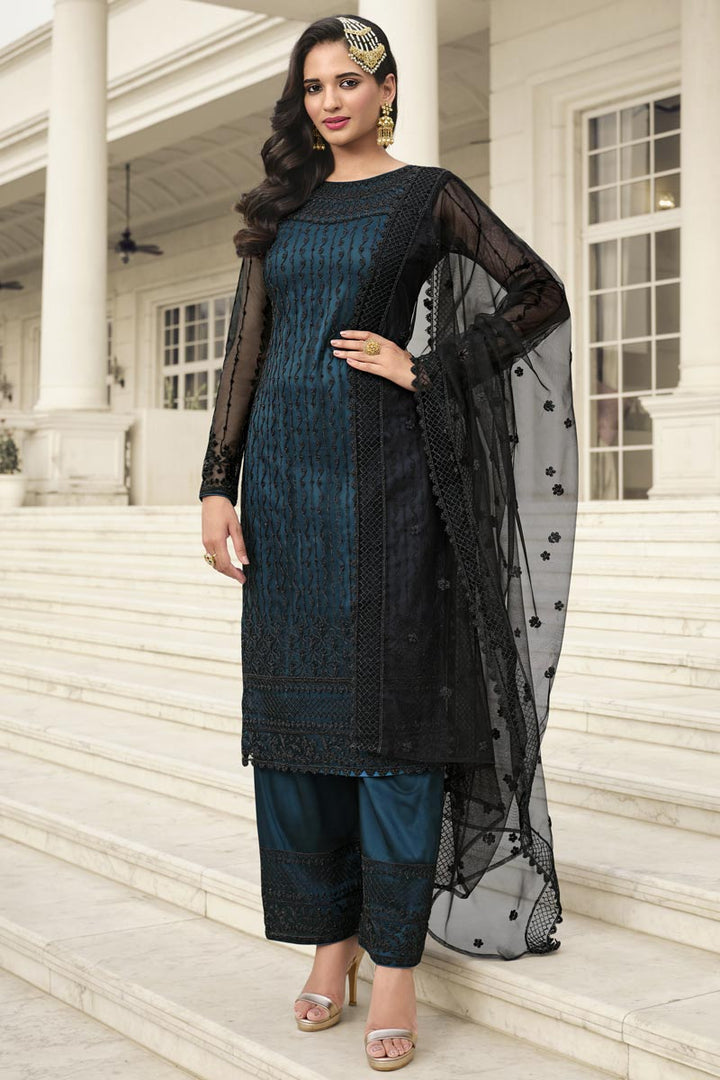 Teal Color Net Fabric Admirable Salwar Suit In Function Wear