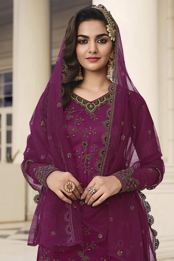 Net Fabric Wine Color Function Wear Solid Salwar Suit
