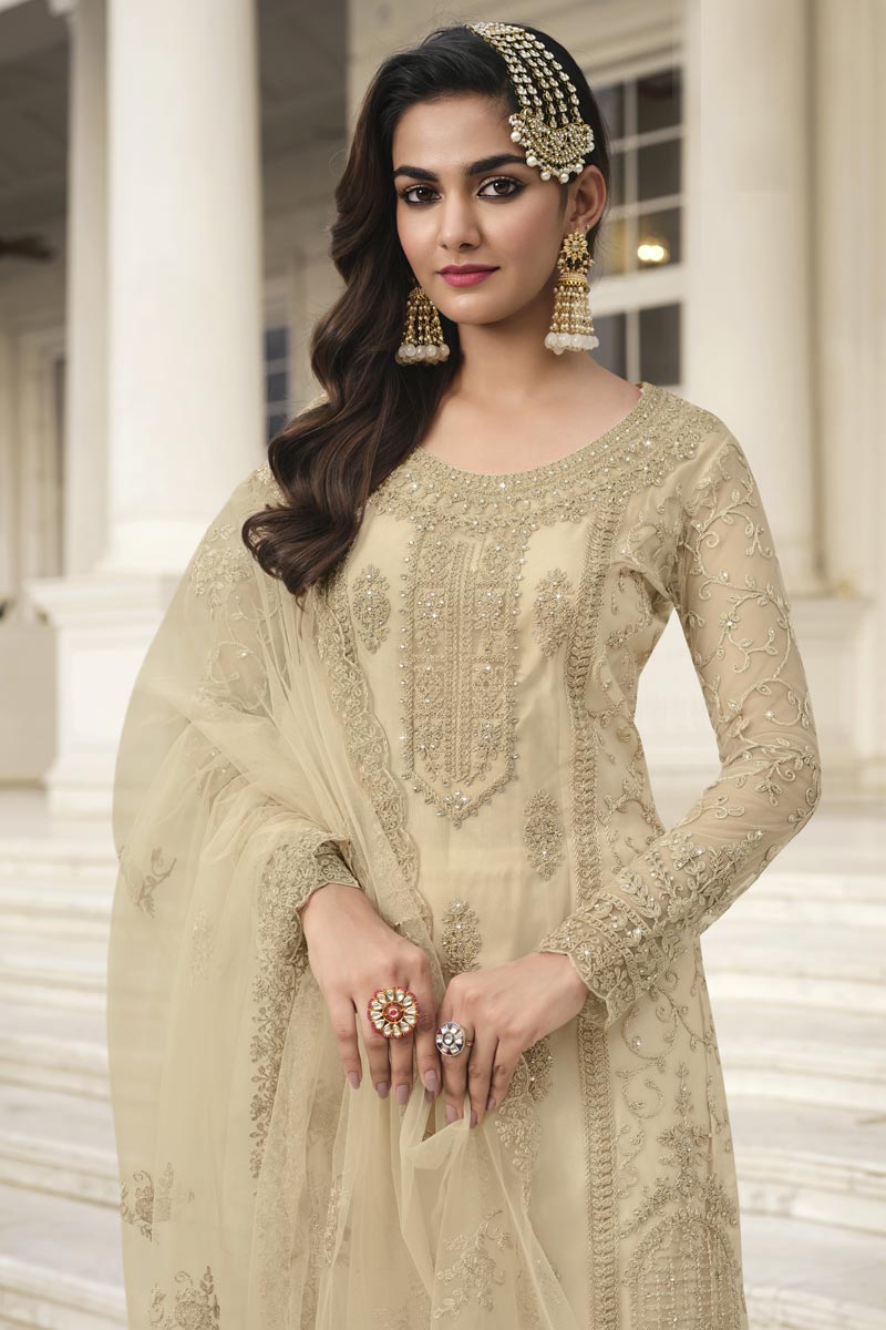 Function Wear Net Fabric Cream Color Mesmeric Salwar Suit