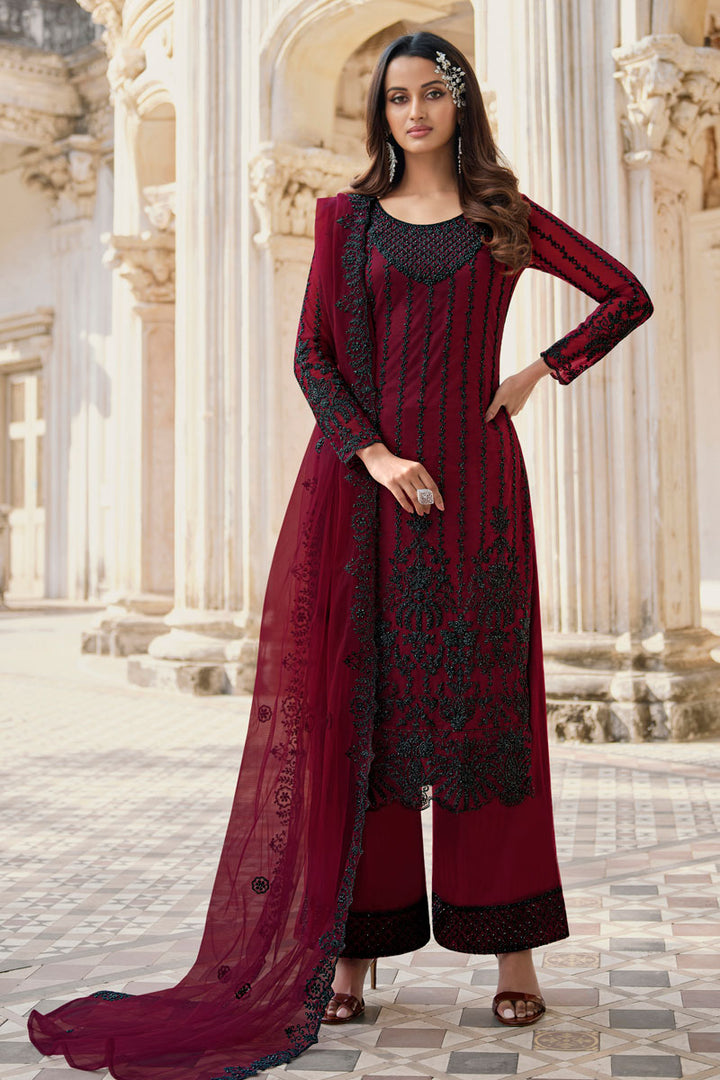 Net Fabric Maroon Color Fantastic Salwar Suit With Embroidered Work