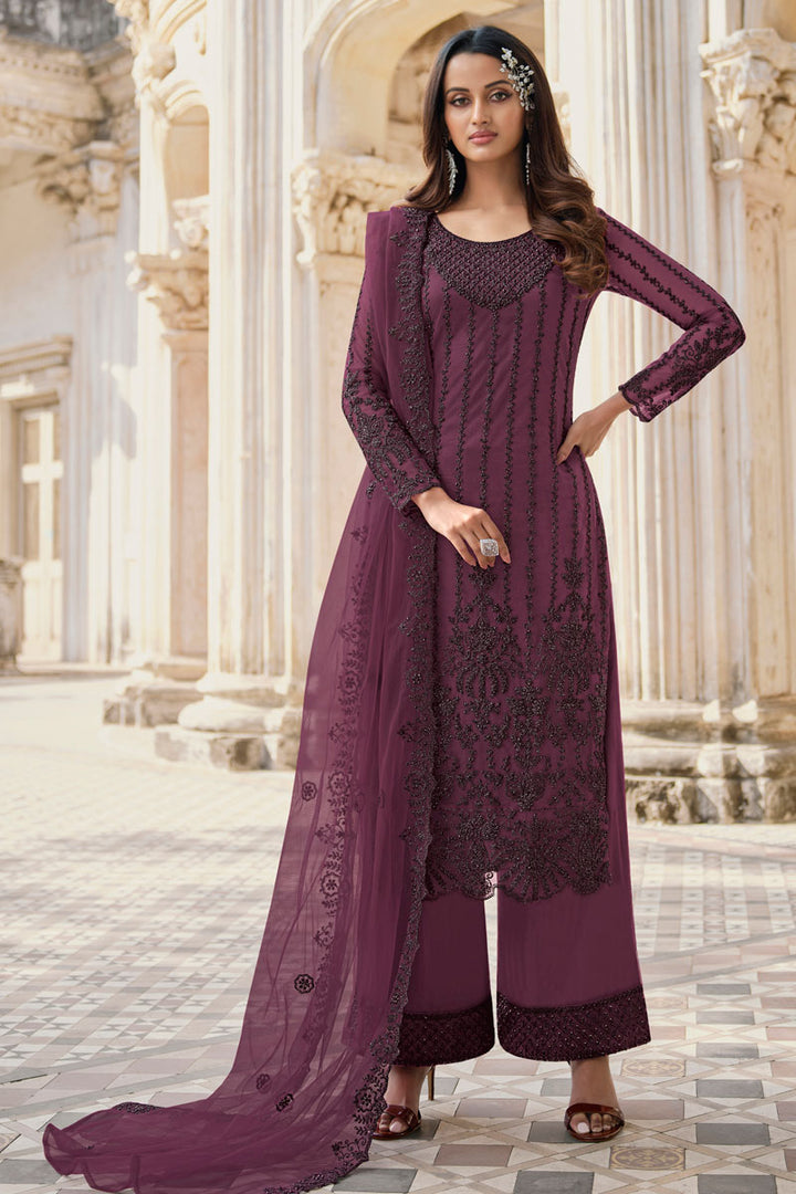 Net Fabric Wine Color Engaging Salwar Suit With Embroidered Work