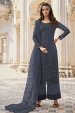 Load image into Gallery viewer, Grey Color Net Fabric Vintage Salwar Suit With Embroidered Work
