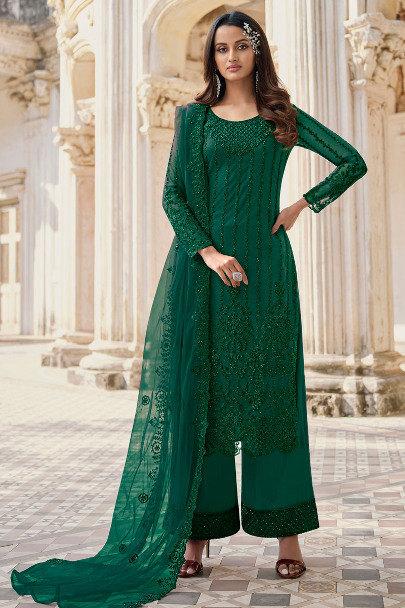 Green Color Embroidered Work Net Fabric Splendid Salwar Suit