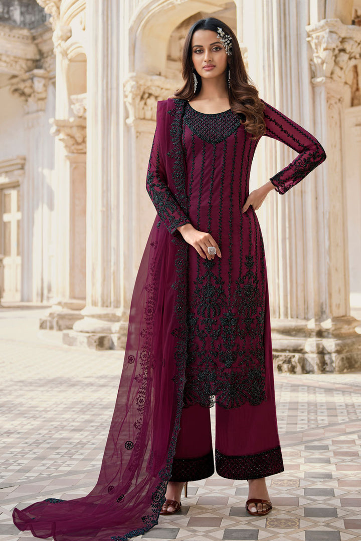 Embroidered Work Net Fabric Burgundy Color Incredible Salwar Suit