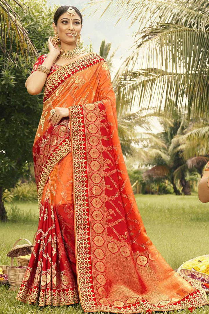 Charming Orange Color Art Silk Fabric Weaving Work Saree