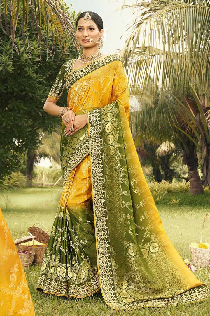 Mesmeric Yellow Color Weaving Work On Saree In Art Silk Fabric