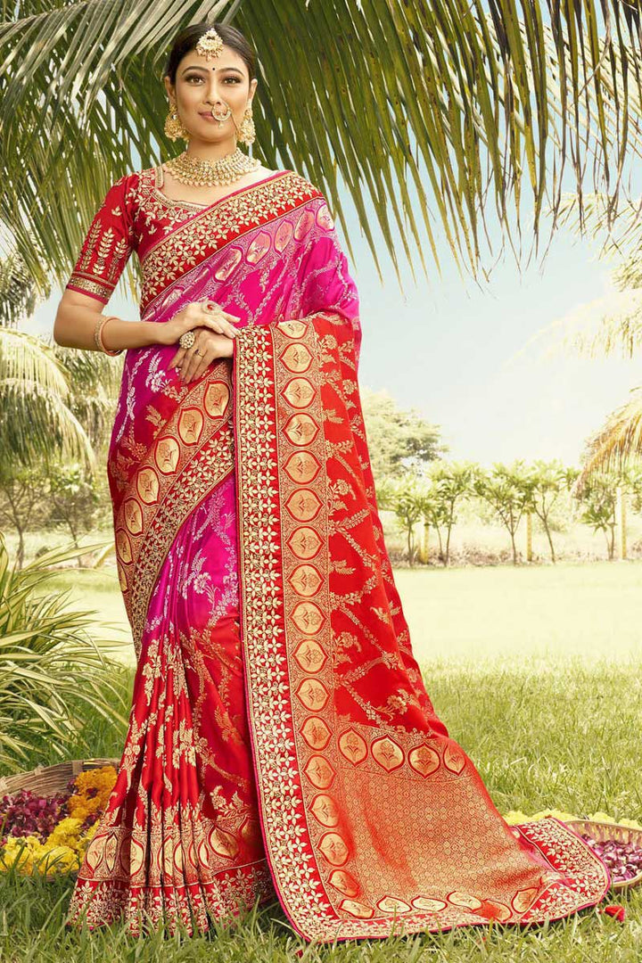Excellent Art Silk Fabric Pink Color Saree With Weaving Work
