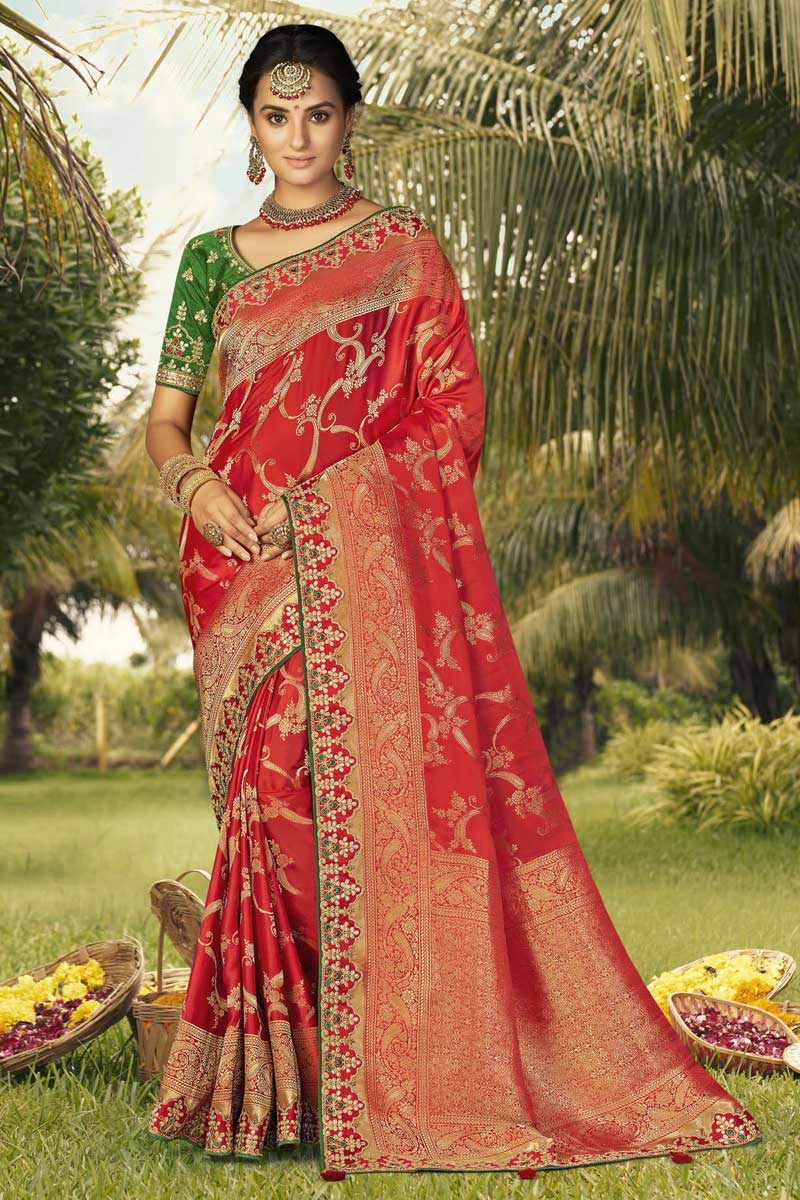 Beguiling Weaving Work On Red Color Art Silk Fabric Sangeet Wear Saree