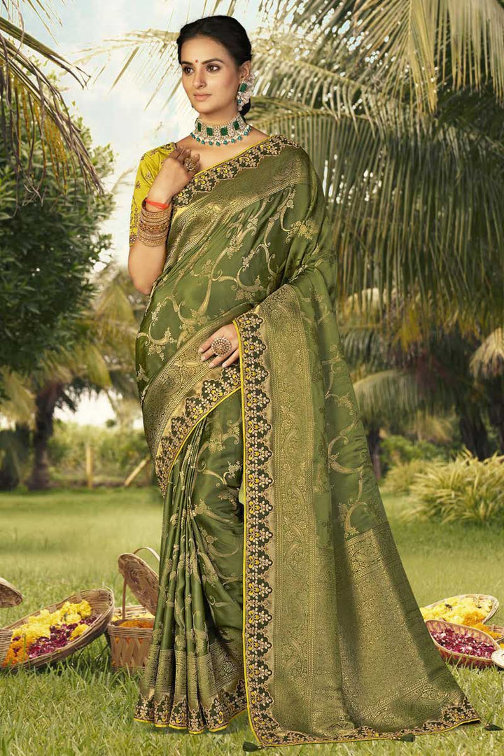 Tempting Art Silk Fabric Mehendi Green Color Saree With Weaving Work