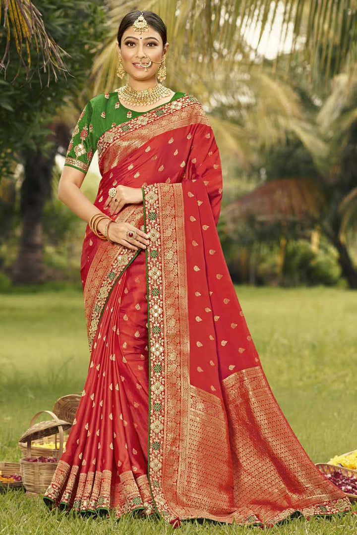 Engaging Red Color Art Silk Fabric Saree With Weaving Work
