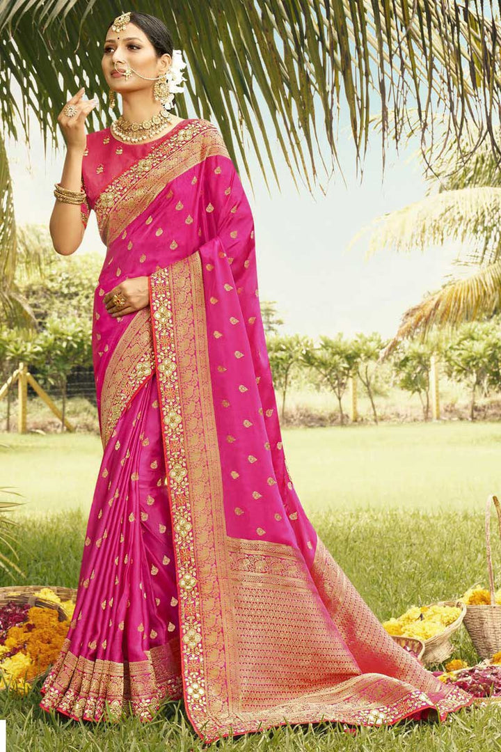 Art Silk Fabric Magenta Color Saree With Winsome Weaving Work