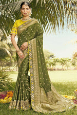 Load image into Gallery viewer, Creative Weaving Work On Saree In Olive Color Art Silk Fabric
