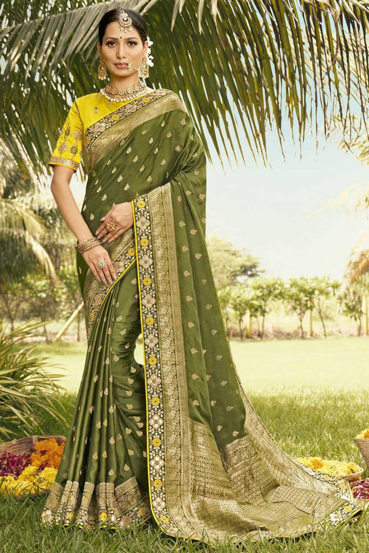 Creative Weaving Work On Saree In Olive Color Art Silk Fabric