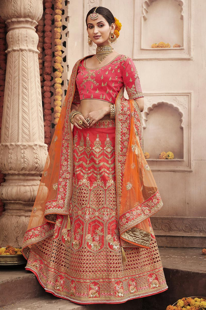 Wedding Function Wear Pink Color Embroidered Lehenga In Silk Fabric