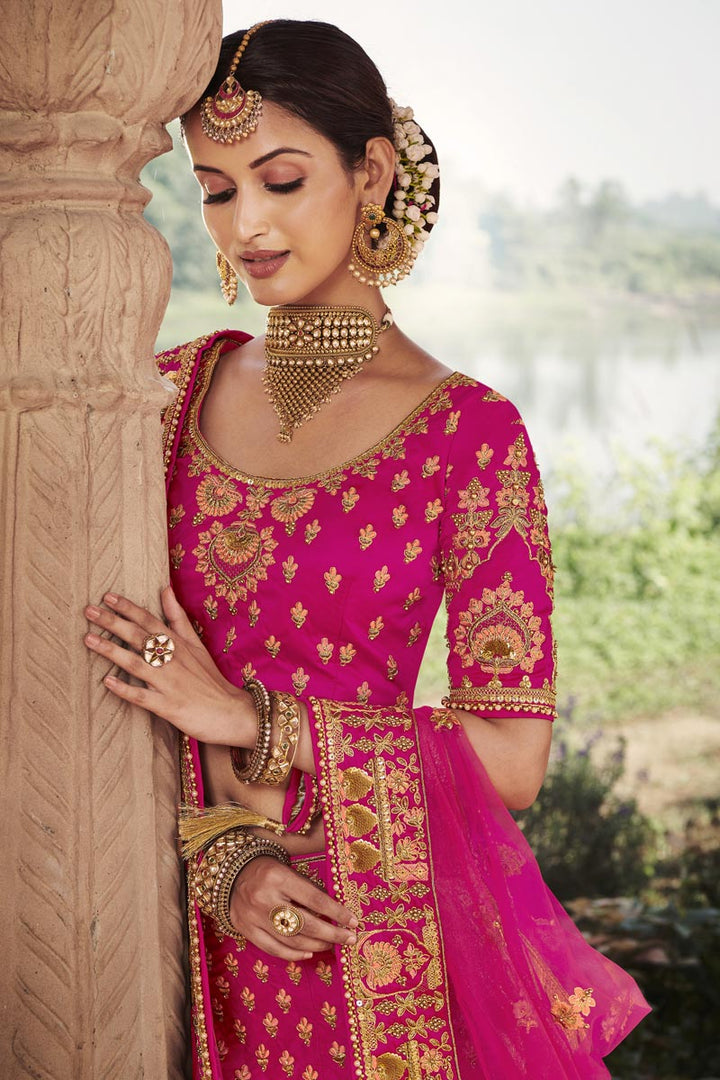Magenta Color Wedding Function Wear Embroidered Lehenga In Silk Fabric