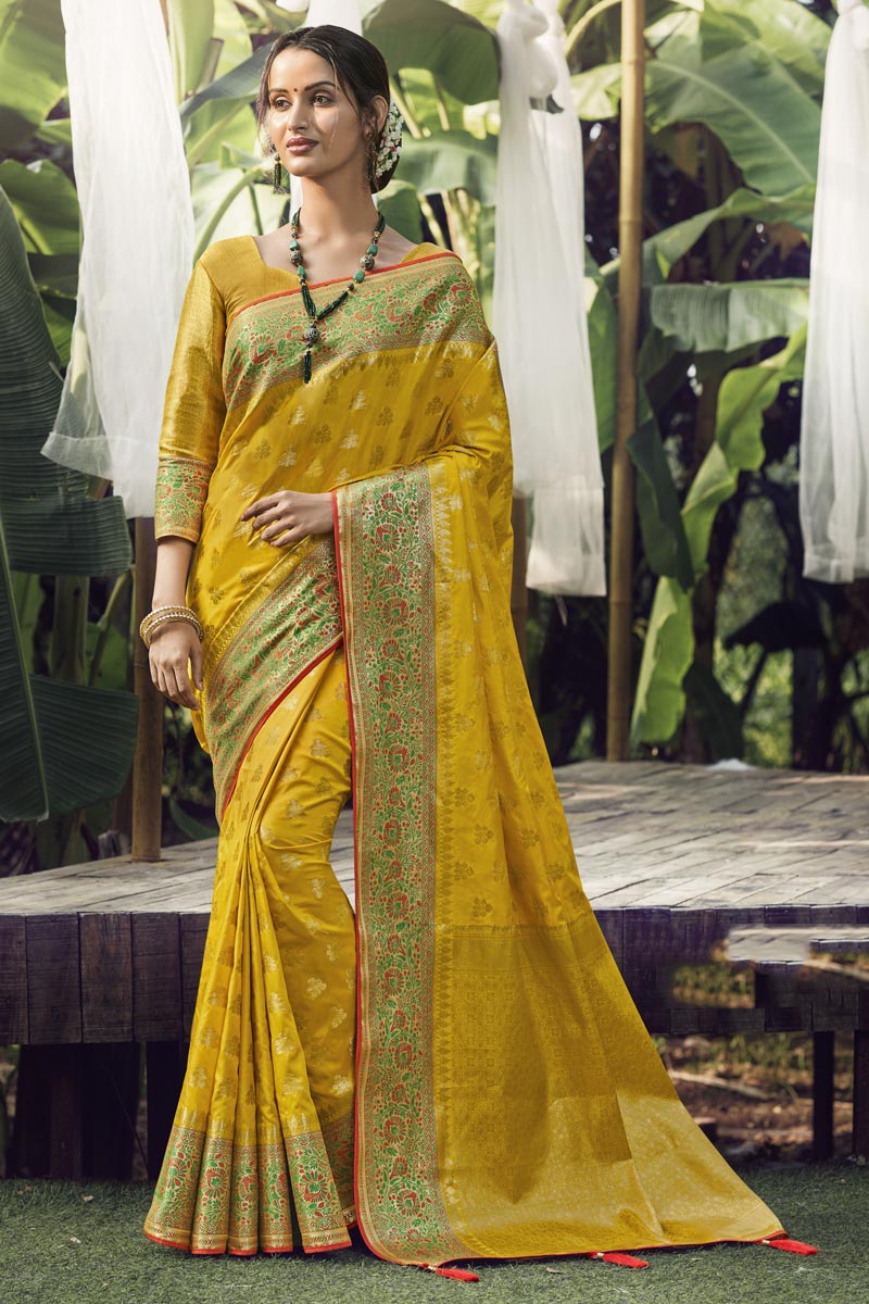 Art Silk Fabric Function Wear Yellow Color Weaving Work Saree | Buy Online India