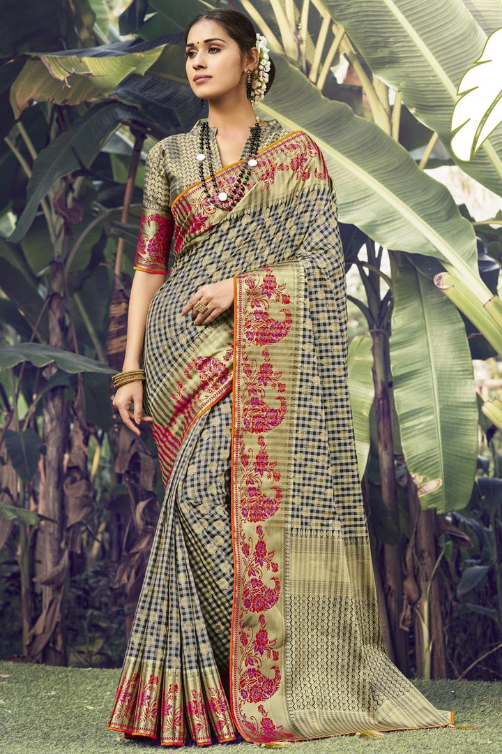 Art Silk Fabric Wedding Wear Dark Beige Color Weaving Work Saree