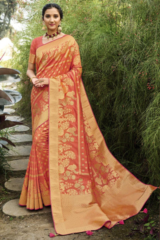 Silk Fabric Function Wear Fancy Peach Color Weaving Work Saree