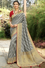 Load image into Gallery viewer, Festive Wear Silk Fabric Fancy Weaving Work Saree In Grey Color
