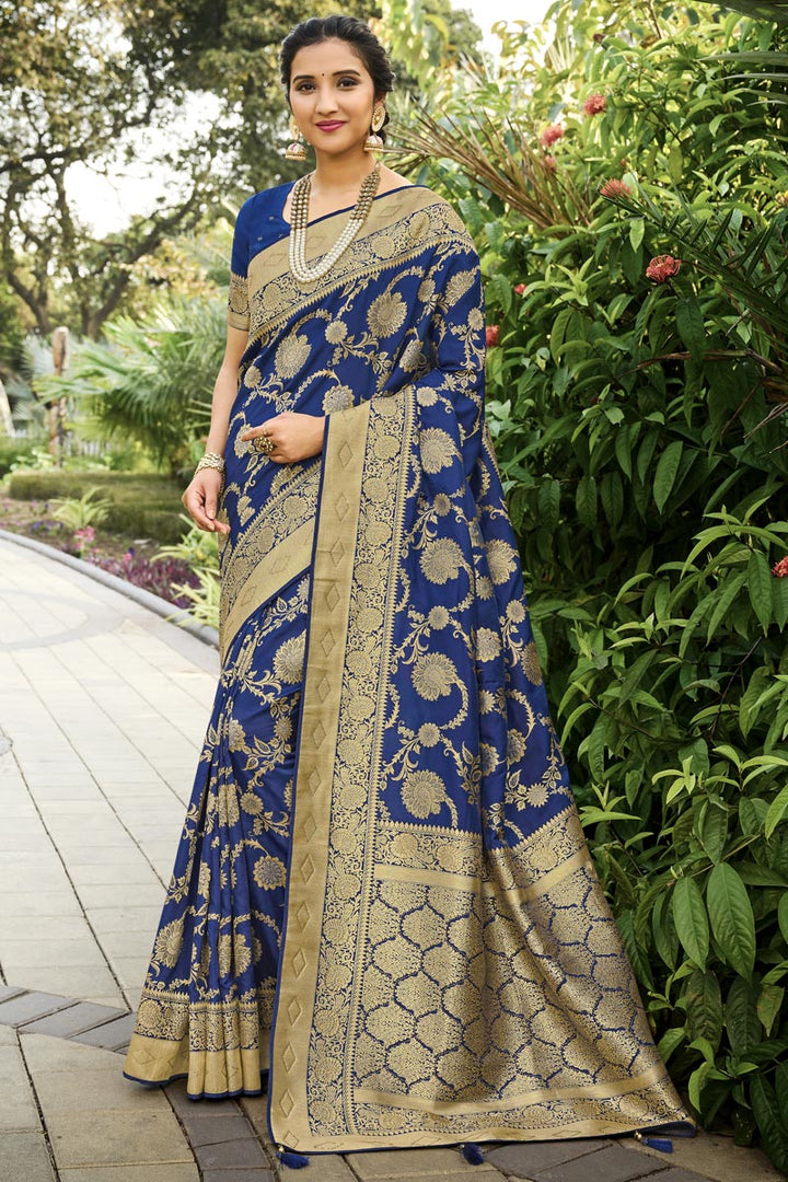Silk Fabric Party Wear Blue Color Weaving Work Saree