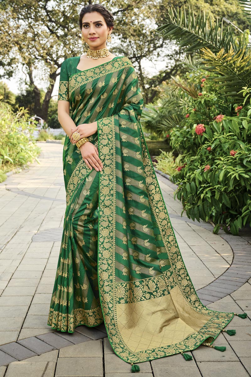 Wedding Wear Silk Fabric Fancy Weaving Work Saree In Green Color
