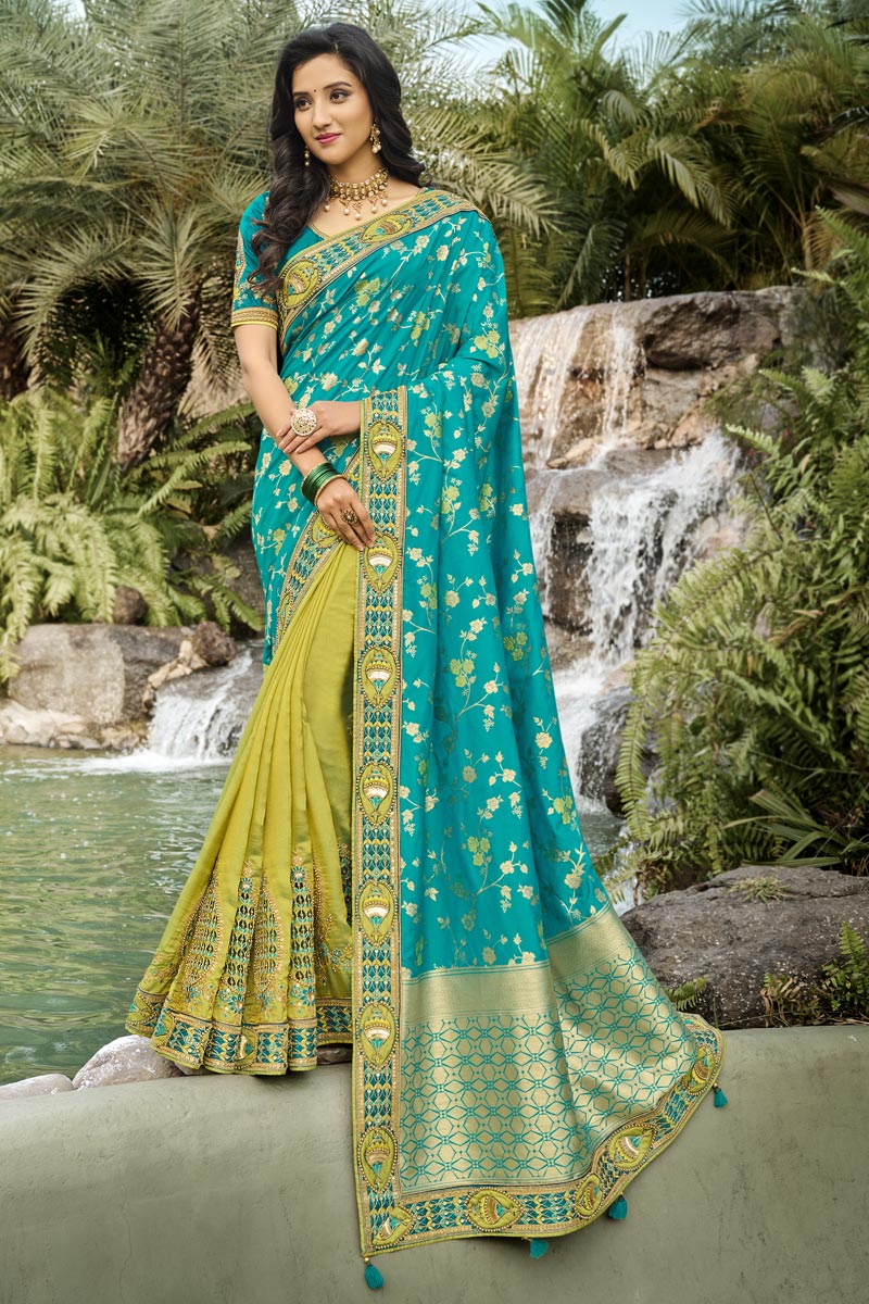 Silk Fabric Function Wear Cyan Color Classy Weaving Work Saree