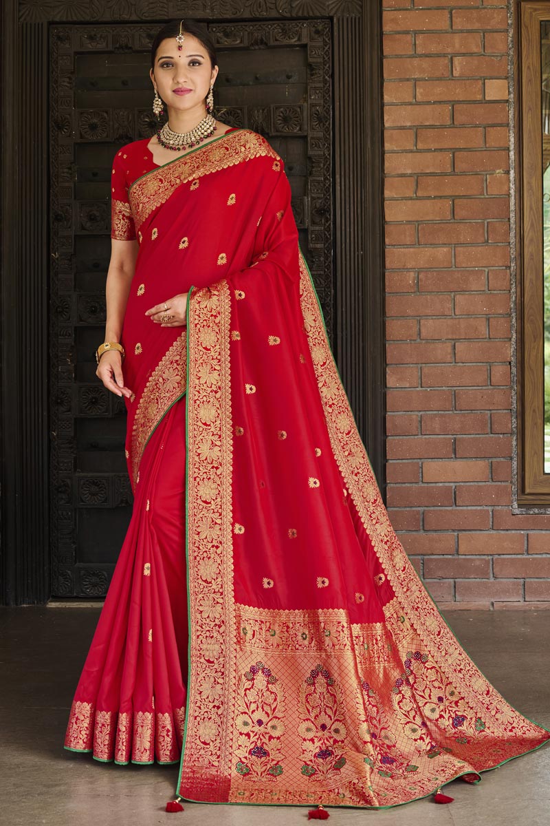 Weaving Work Red Color Art Silk Fabric Festive Wear Stylish Saree