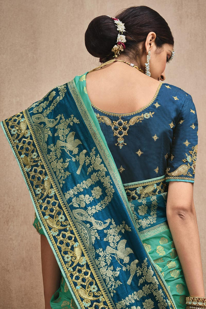 Function Wear Art Silk Weaving Work Saree In Cyan Color