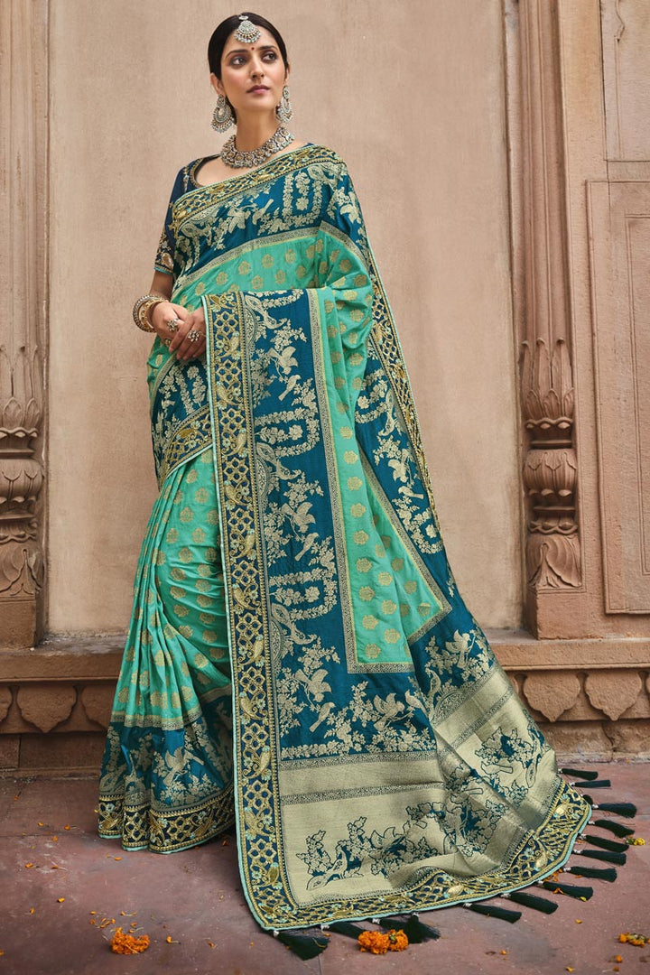 Function Wear Art Silk Weaving Work Saree In Cyan Color