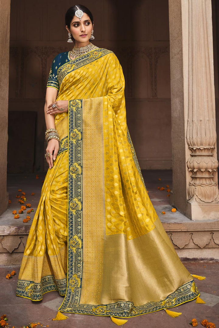 Yellow Color Art Silk Fabric Weaving Work Sangeet Wear Saree