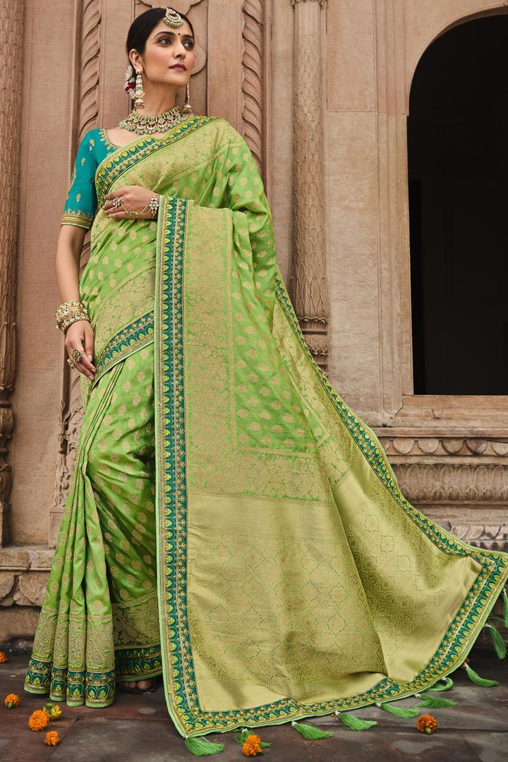 Green Festive Wear Designer Art Silk Fabric Weaving Work Saree