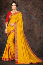Load image into Gallery viewer, Wedding Wear Yellow Color Fancy Art Silk Fabric Lace Work Saree
