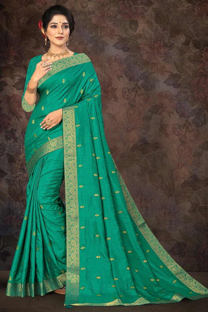 Reception Wear Art Silk Fabric Fancy Lace Work Saree In Sea Green Color