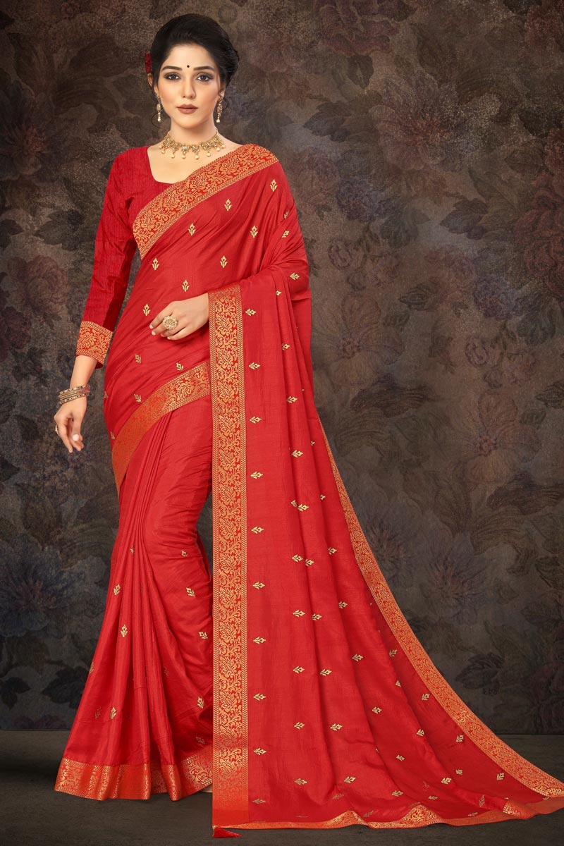 Party Wear Art Silk Fabric Fancy Lace Work Saree In Red Color