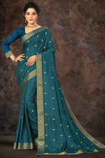 Load image into Gallery viewer, Teal Color Party Wear Fancy Art Silk Fabric Lace Work Saree

