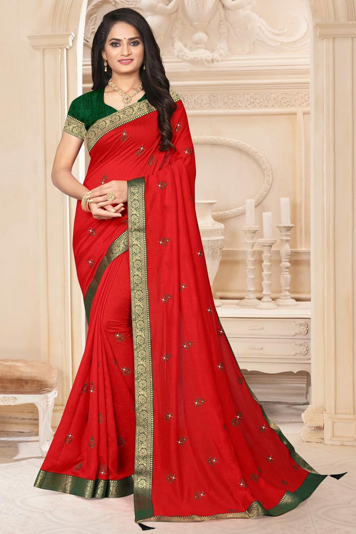 Wedding Wear Red Color Fancy Art Silk Fabric Lace Work Saree