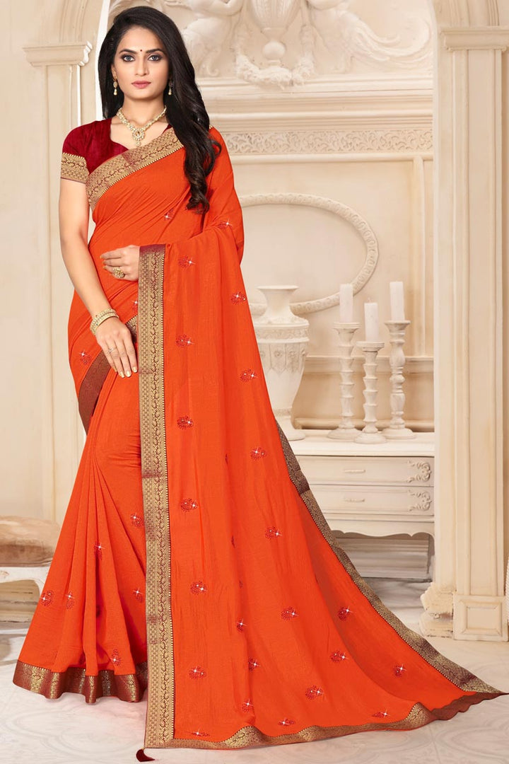 Festive Wear Orange Color Fancy Art Silk Fabric Lace Work Saree
