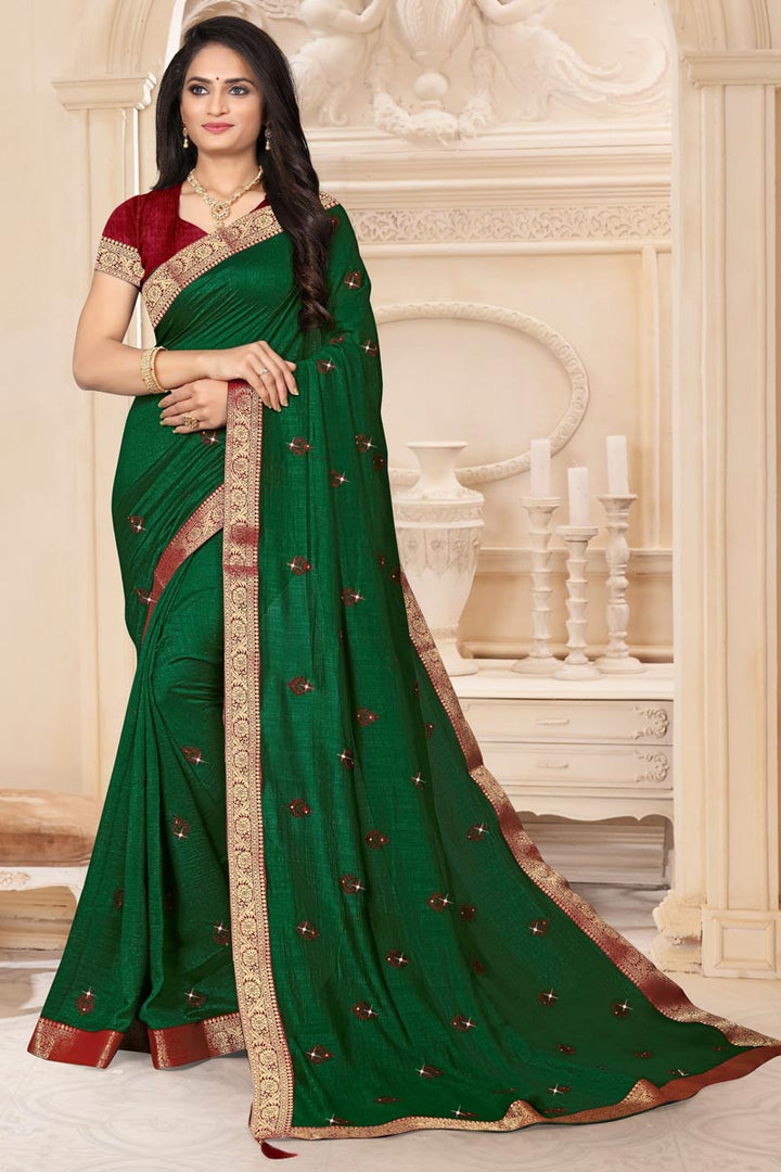 Art Silk Fabric Wedding Wear Fancy Green Color Lace Work Saree