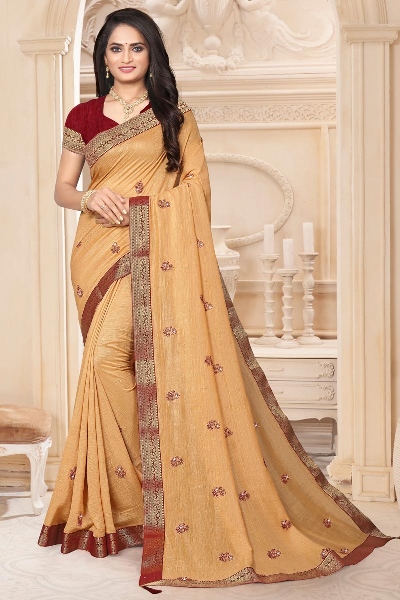 Art Silk Fabric Fancy Function Wear Beige Color Lace Work Saree