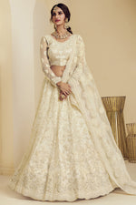 Load image into Gallery viewer, Fancy Net Fabric Sangeet Wear Off White Color Embroidered Lehenga Choli
