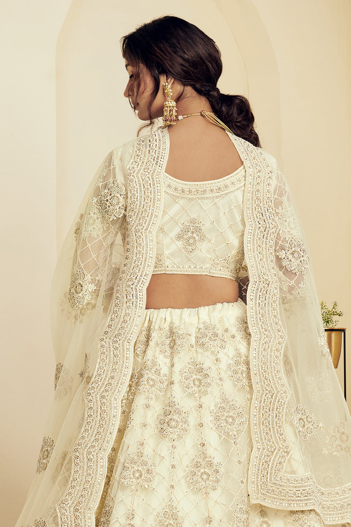 Fancy Off White Color Sangeet Wear Net Fabric Embroidered Lehenga Choli