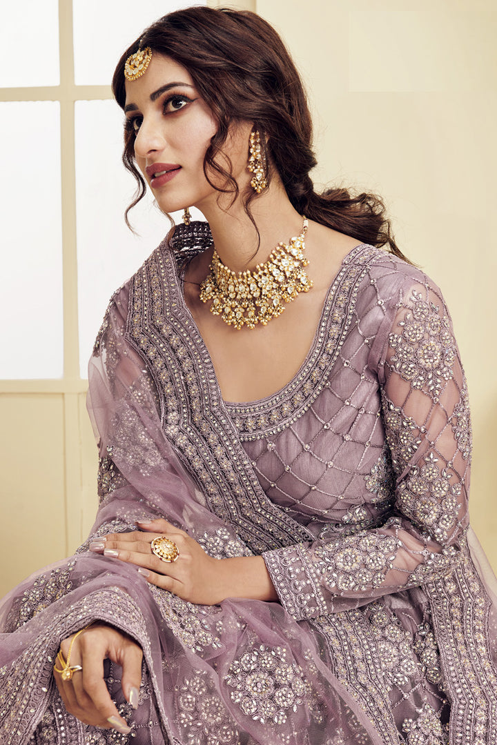 Sangeet Wear Fancy Net Fabric Embroidered Lavender Color Lehenga Choli
