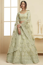 Load image into Gallery viewer, Fancy Net Fabric Sangeet Wear Embroidered Sea Green Color Lehenga
