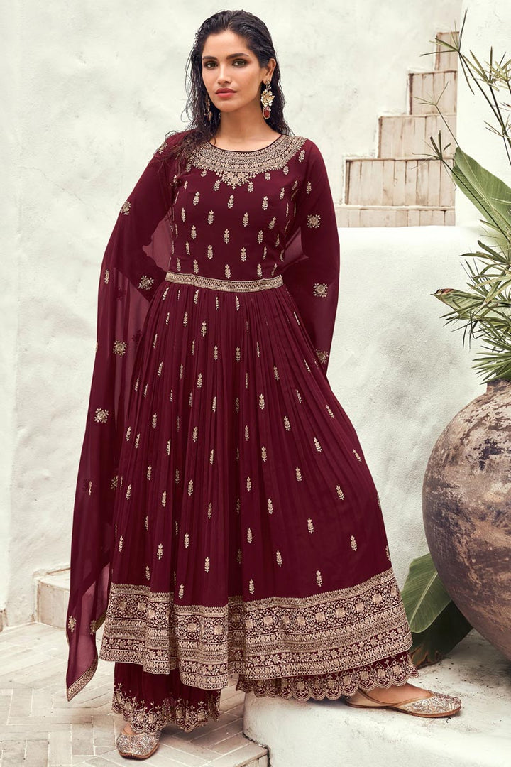 Vartika Singh Appealing Maroon Color Georgette Palazzo Suit