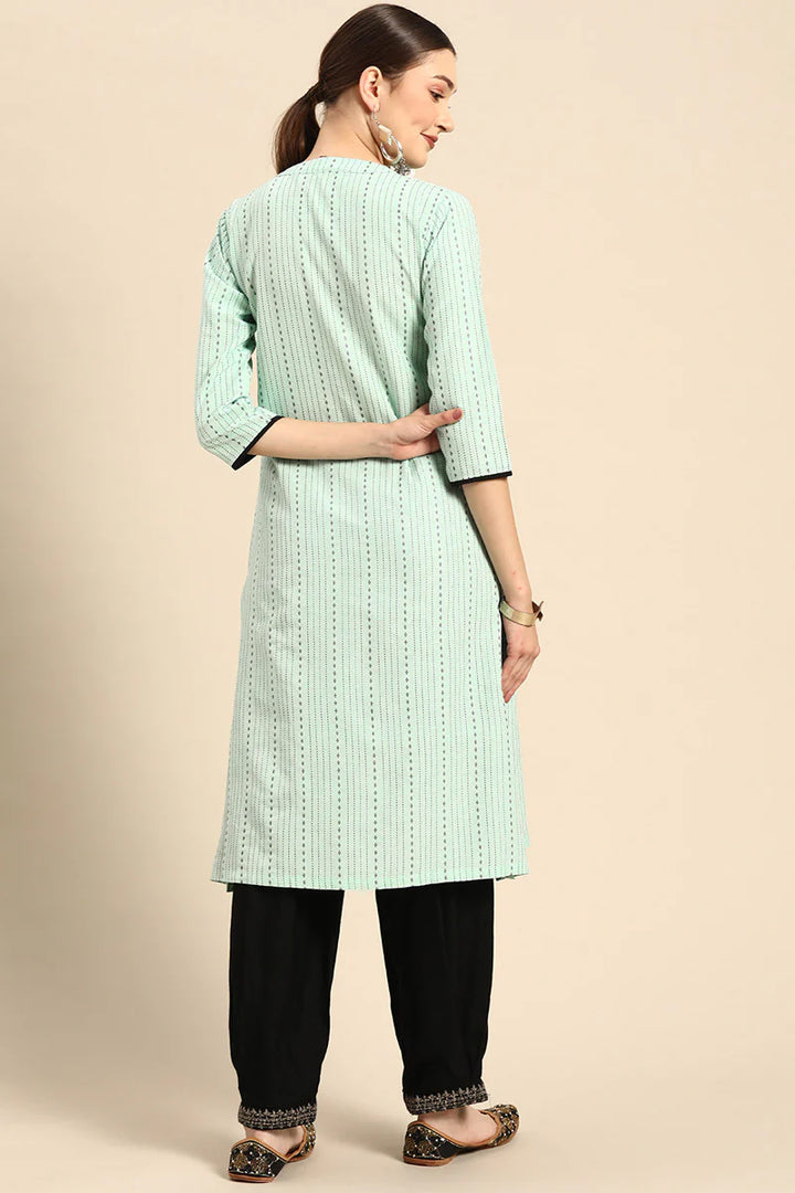 Sea Green Color Cotton Fabric Precious Kurti In Casual Look