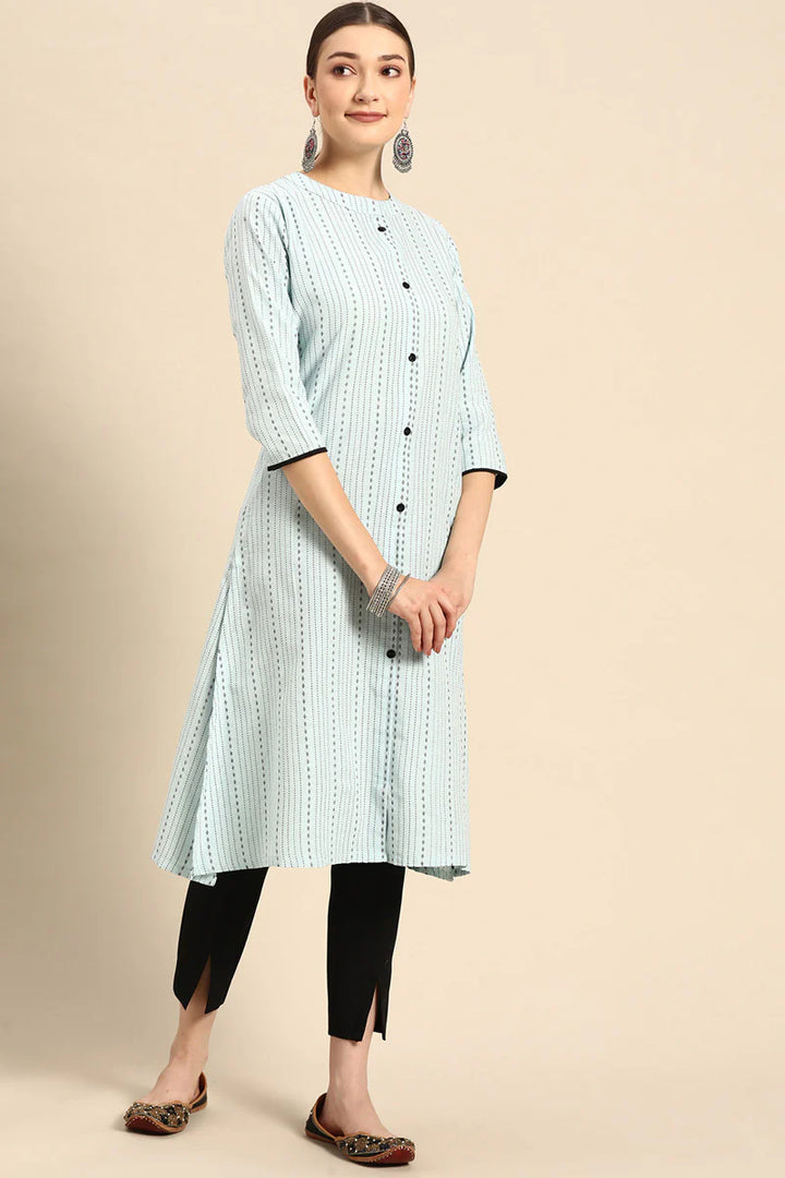 Cotton Fabric Light Cyan Color Kurti In Exceptional Casual Look