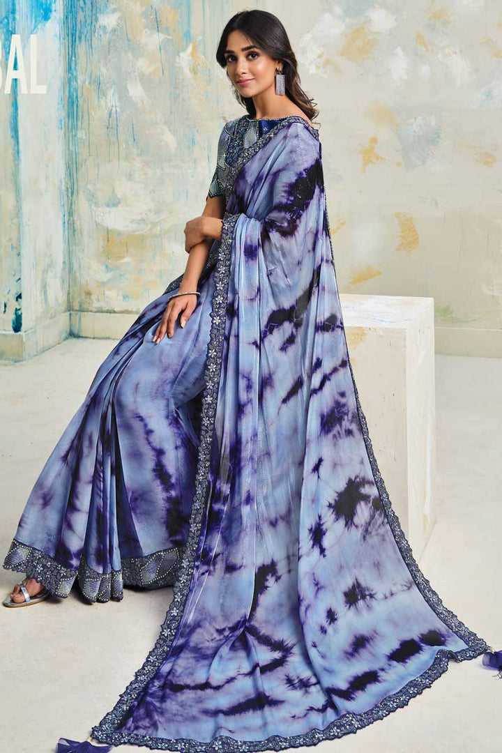 Lavender Color Sequins Work Glamorous Party Look Satin Satin Silk Fabric Saree