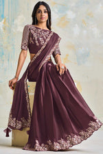 Load image into Gallery viewer, Burgundy Color Exquisite Sequins Work Party Look Satin Satin Silk Fabric Saree
